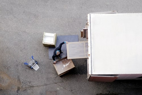 Packed office items ready for transport during a commercial move in France