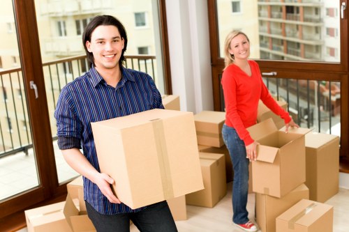 Packed office furniture and equipment ready for relocation